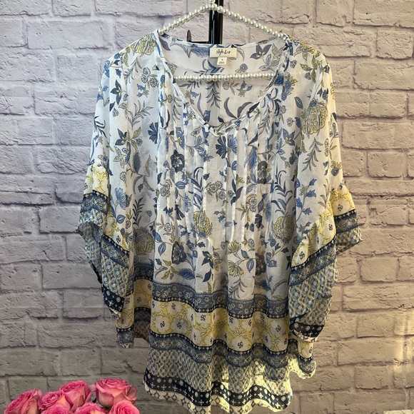 Style & Co. Tops - Style & Co. V Neck Bohemian Style Floral Blouse with Frilly Flowy Sleeves